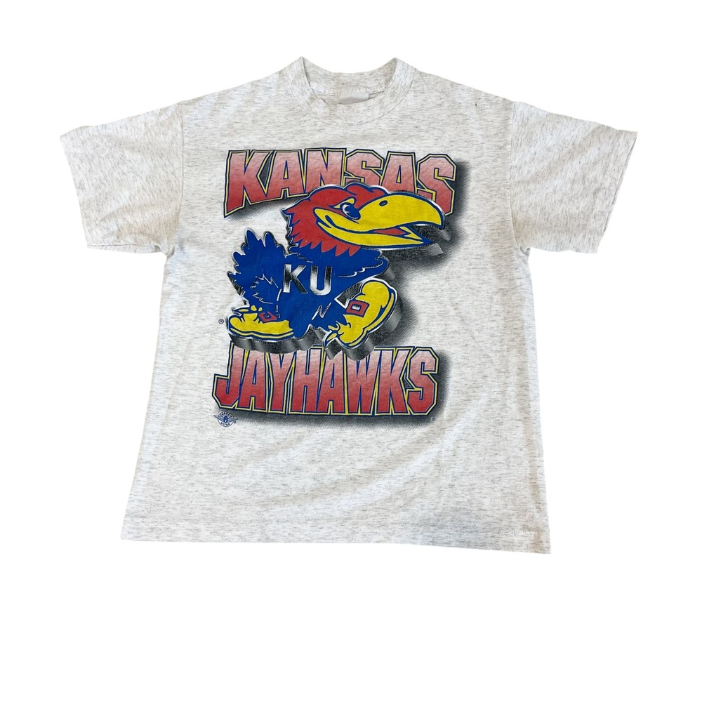 Vintage 90s Kansas Jayhawks T Shirt Mens Gray Graphic Tee Single Stitch KU NCAA